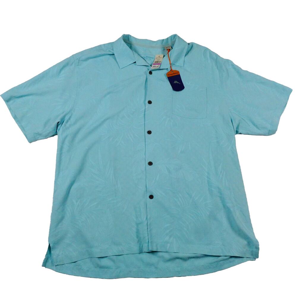 Tommy Bahama Tiki Palm Leaf Embroidered Textured Blue Button Up Shirt XXL NWT